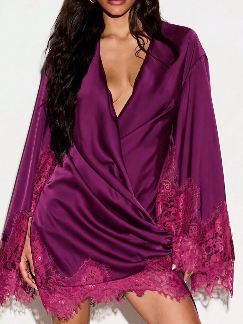 Purple Elegant Women's Wrap Mini Dress With Floral Lace Trim - Picture 4 of 5